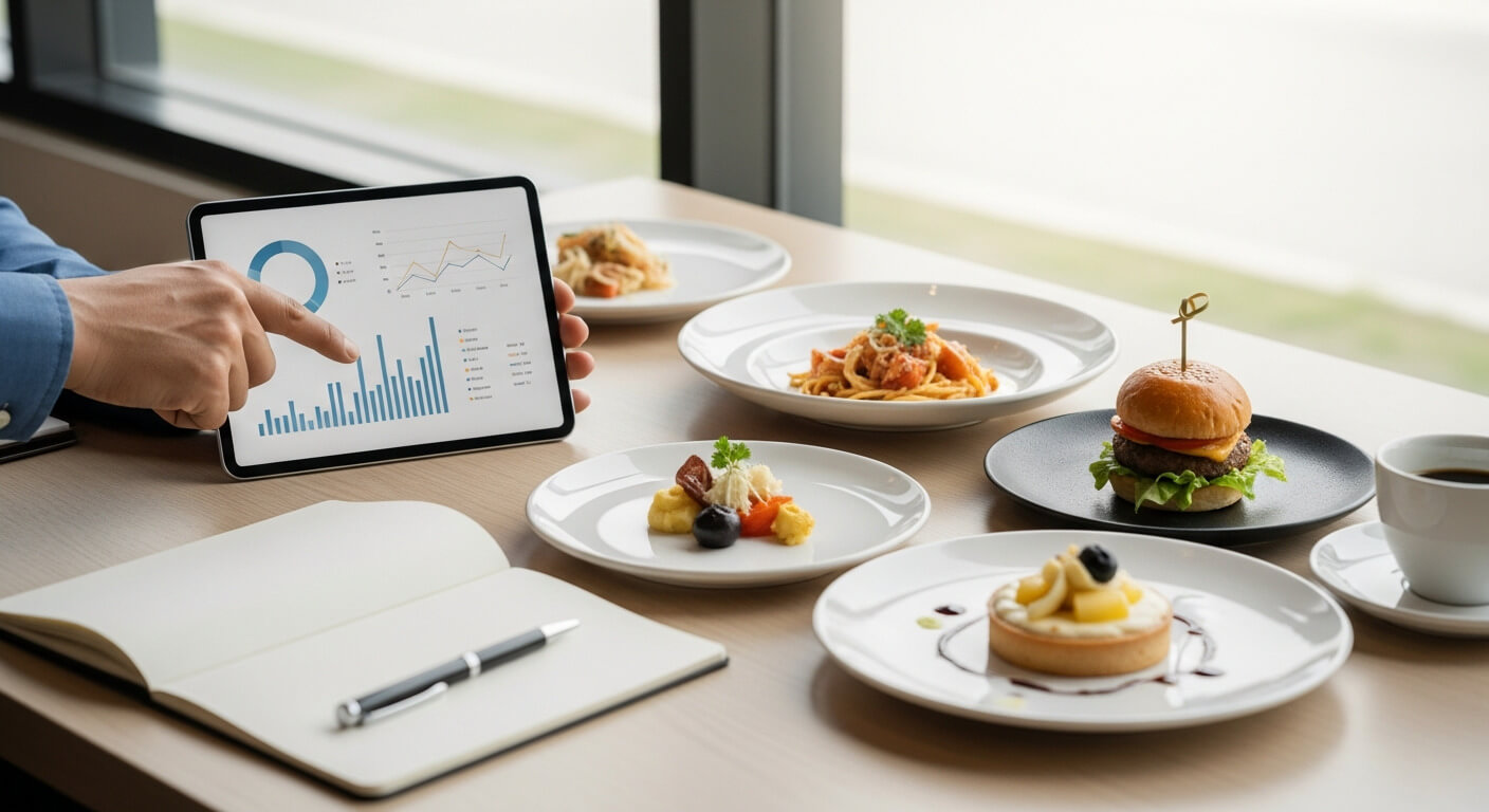 Автоматизация кафе с ноутбуком и планом помещения на рабочем столе